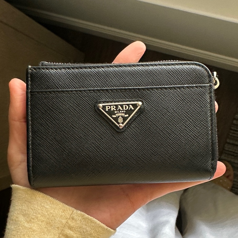 Prada Black Saffiano Zip Card Wallet with Triangle Logo